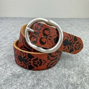 VTG Lucky Brand Belt Womens 32 Leather Floral BURUR 318 Boho Silver Tone Brass